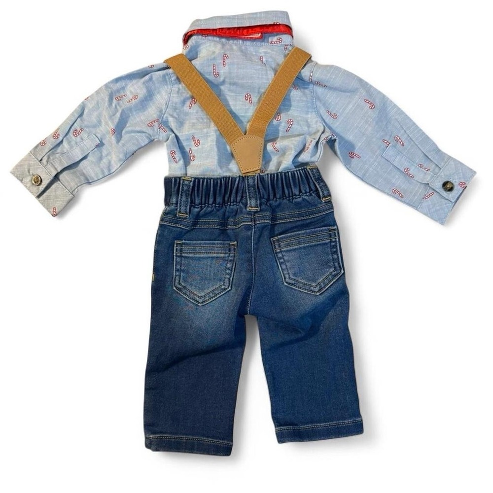 NB Boys'  Candy Cane 4pc Woven Top & Denim Pants Suspenders Bow Cat & Jack‎ XMAS - Picture 2 of 3